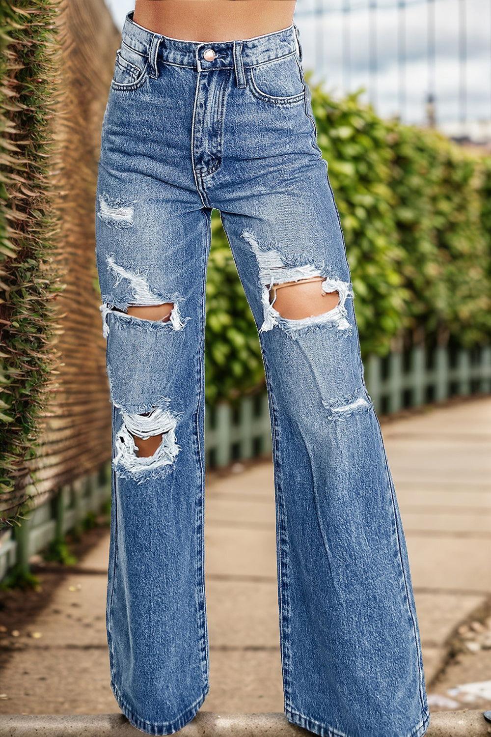 Distressed High Waist Bootcut Jeans - Clothes For Her Online Store