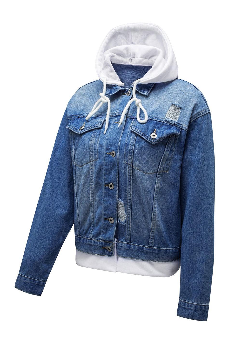 Distressed Hooded Denim Jacket - Clothes For Her Online Store