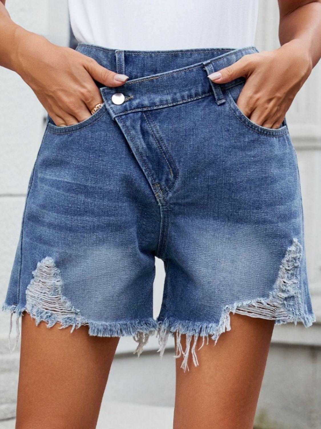 Distressed Raw Hem Asymmetric Waist Denim Shorts - Clothes For Her Online Store