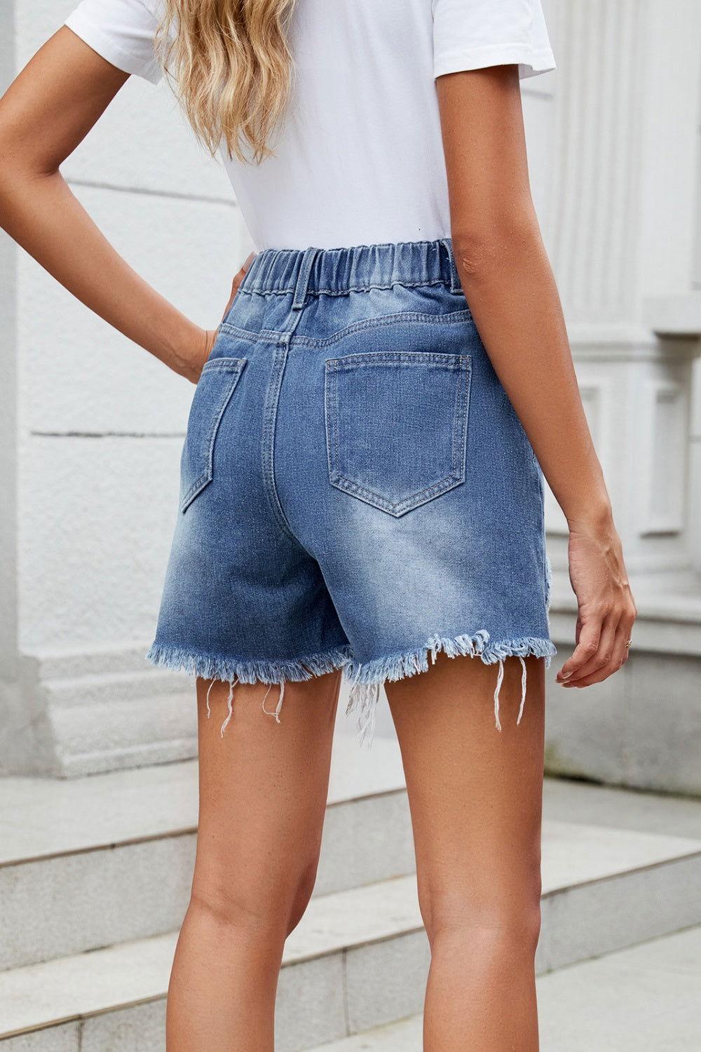 Distressed Raw Hem Asymmetric Waist Denim Shorts - Clothes For Her Online Store