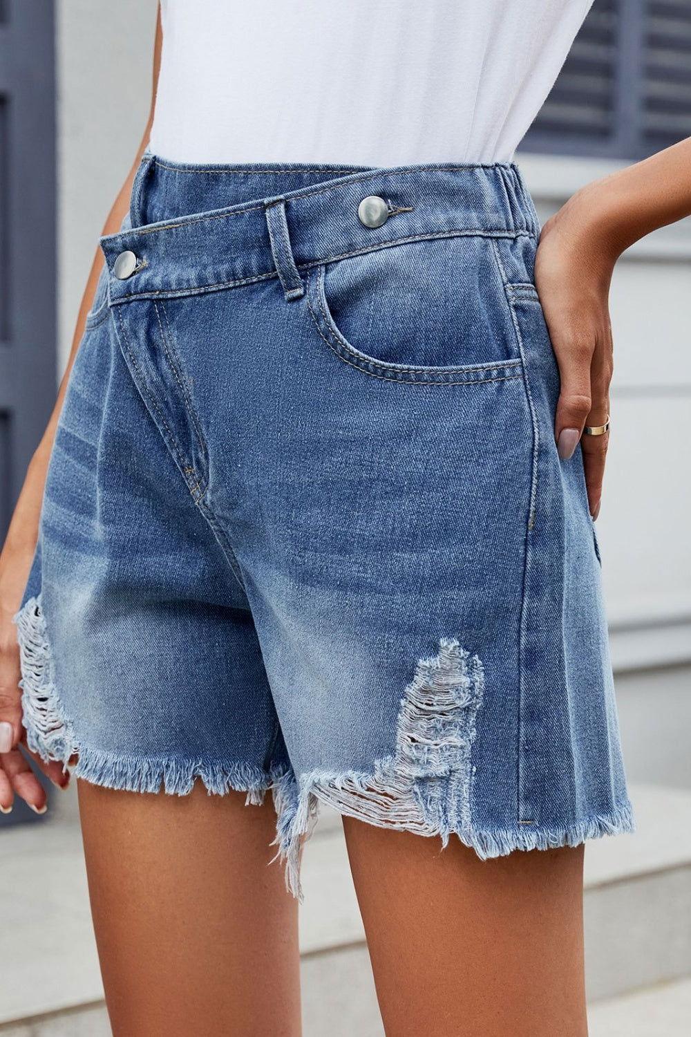 Distressed Raw Hem Asymmetric Waist Denim Shorts - Clothes For Her Online Store