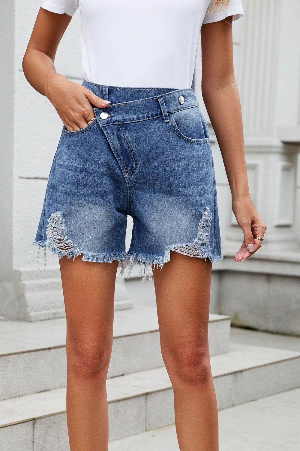 Distressed Raw Hem Asymmetric Waist Denim Shorts - Clothes For Her Online Store