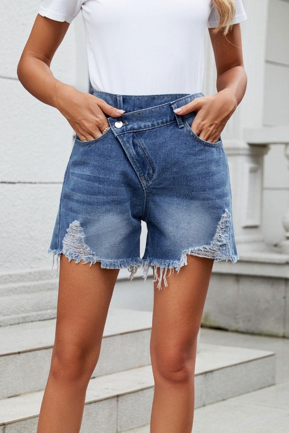 Distressed Raw Hem Asymmetric Waist Denim Shorts - Clothes For Her Online Store