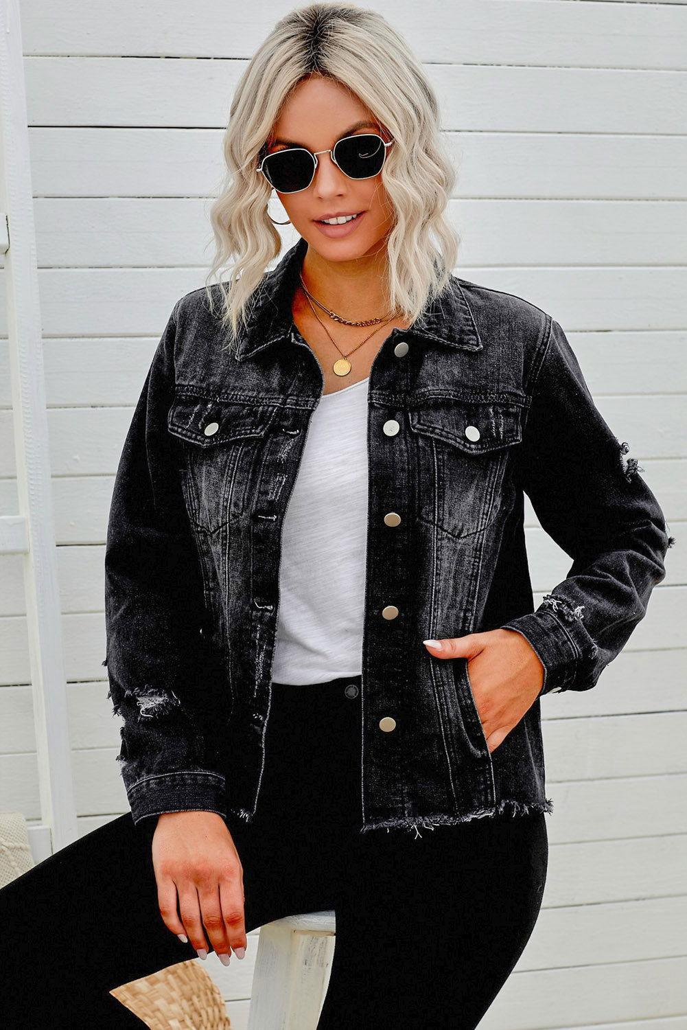 Distressed Raw Hem Denim Jacket - Clothes For Her Online Store