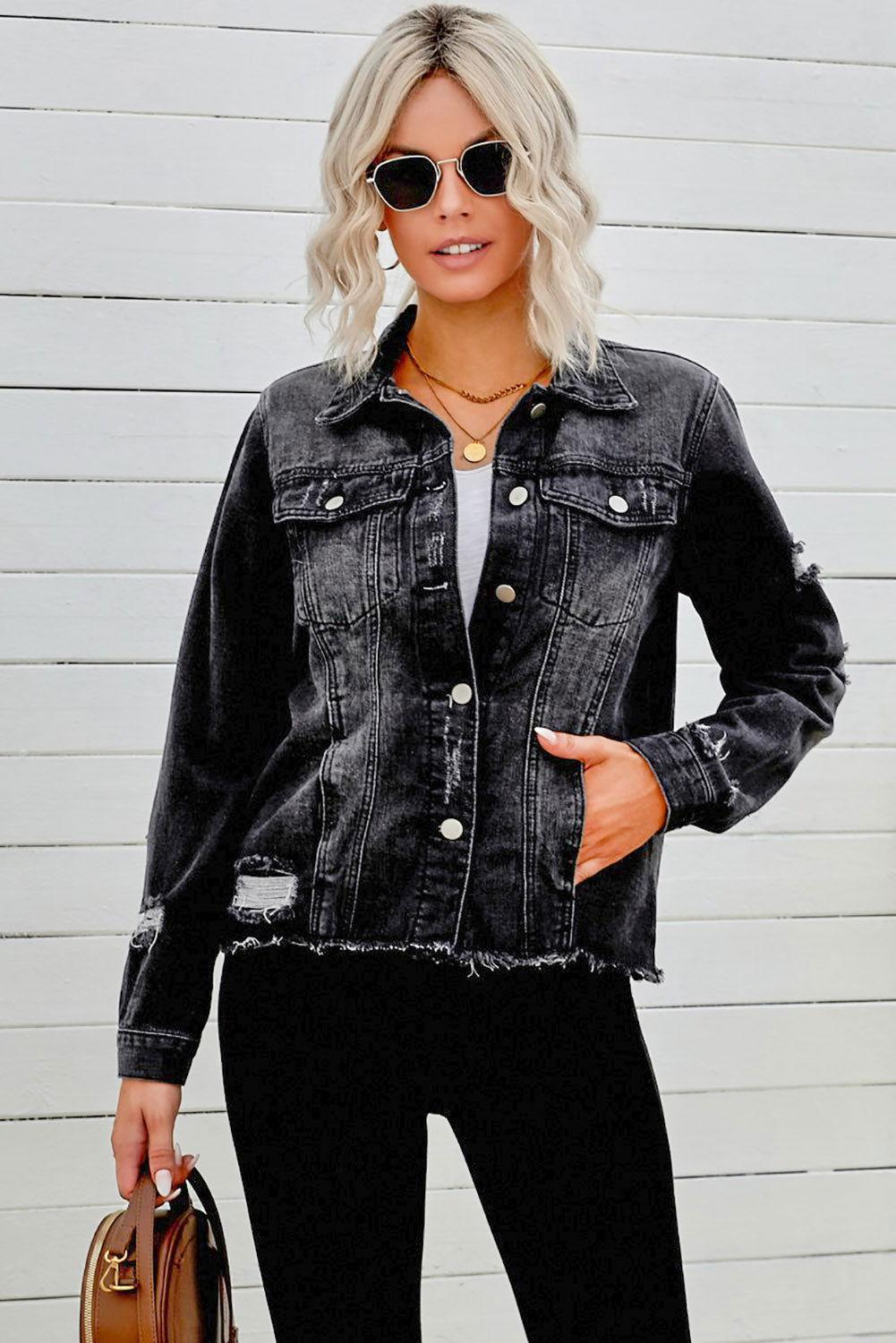 Distressed Raw Hem Denim Jacket - Clothes For Her Online Store