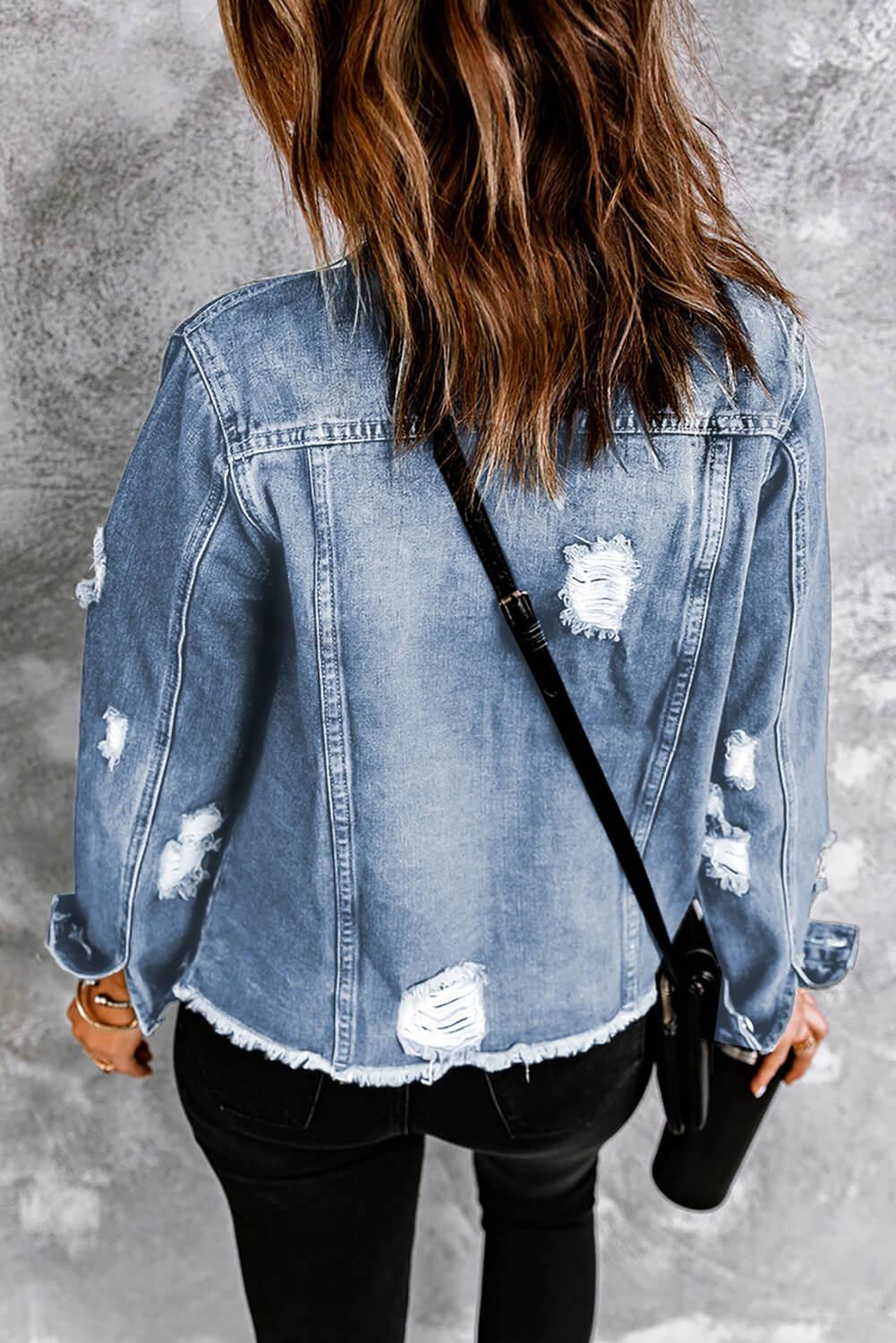 Distressed Raw Hem Denim Jacket - Clothes For Her Online Store
