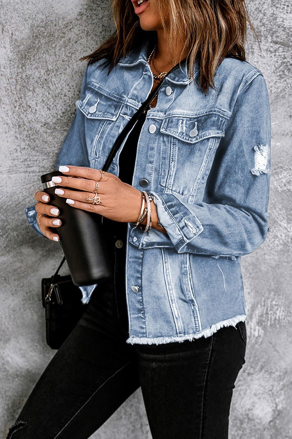 Distressed Raw Hem Denim Jacket - Clothes For Her Online Store