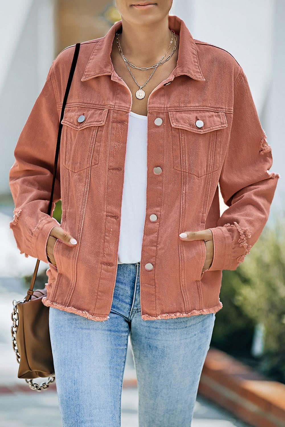 Distressed Raw Hem Denim Jacket - Clothes For Her Online Store