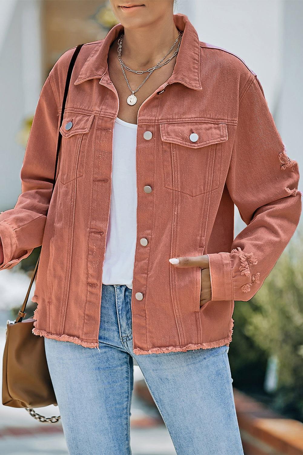 Distressed Raw Hem Denim Jacket - Clothes For Her Online Store