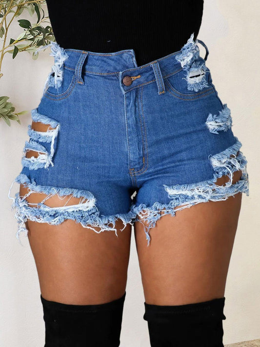 Distressed Raw Hem Denim Shorts with Pockets - Clothes For Her Online Store