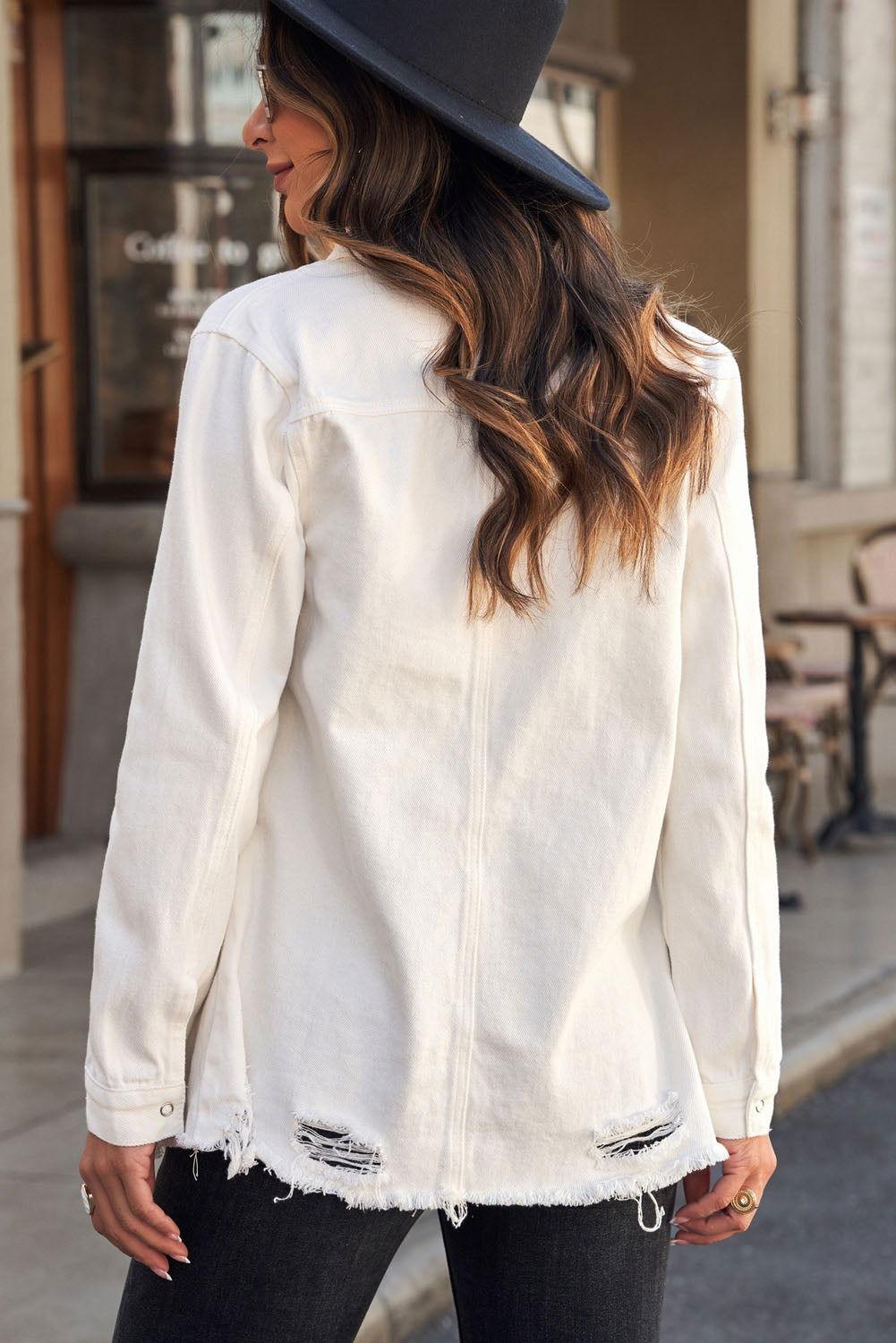 Distressed Snap Down Denim Jacket - Clothes For Her Online Store