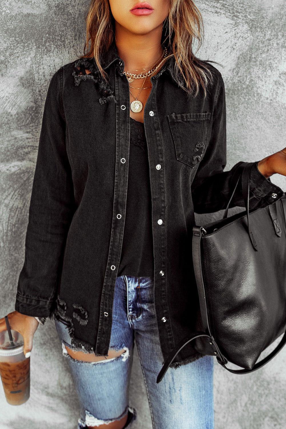 Distressed Snap Down Denim Jacket - Clothes For Her Online Store