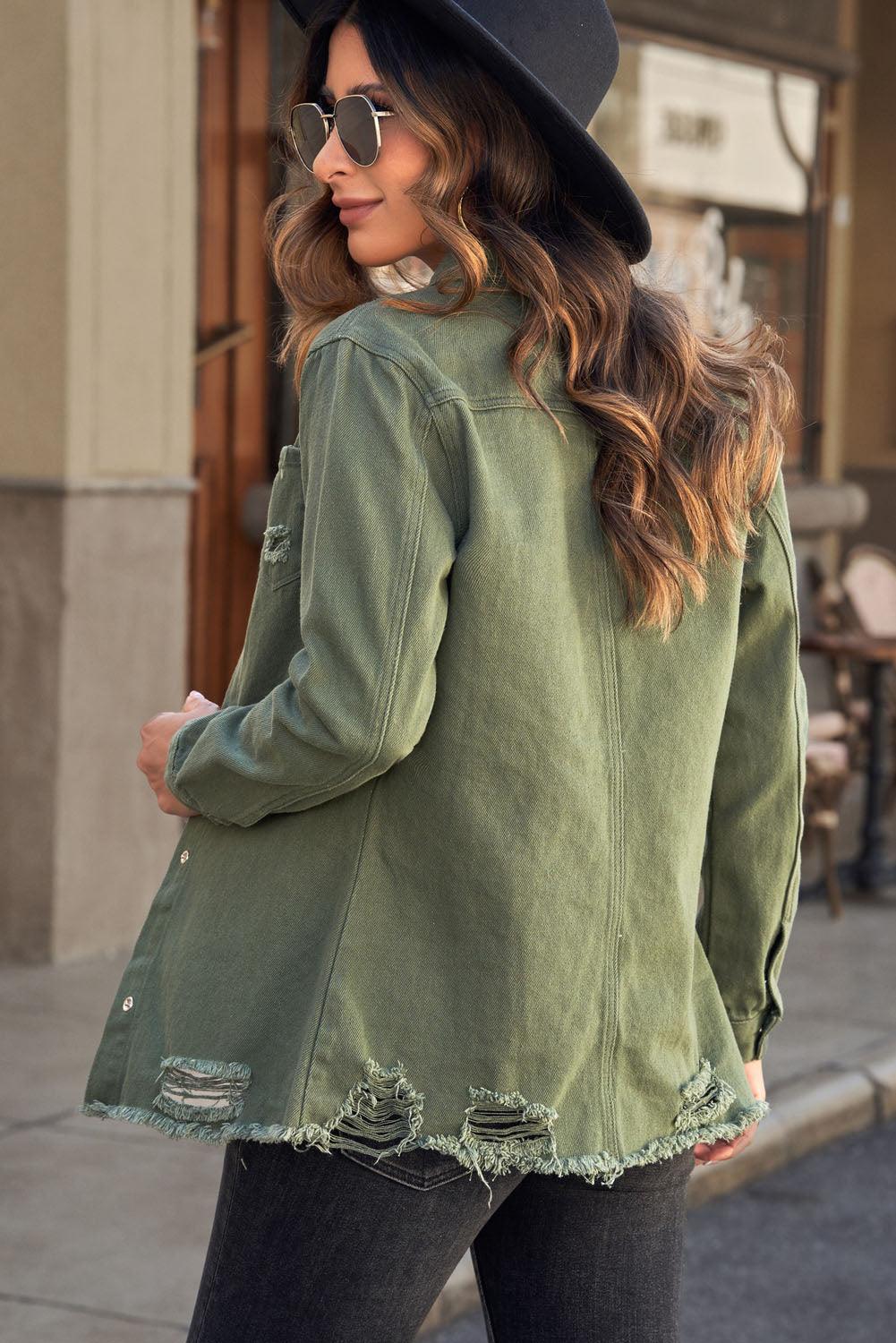 Distressed Snap Down Denim Jacket - Clothes For Her Online Store