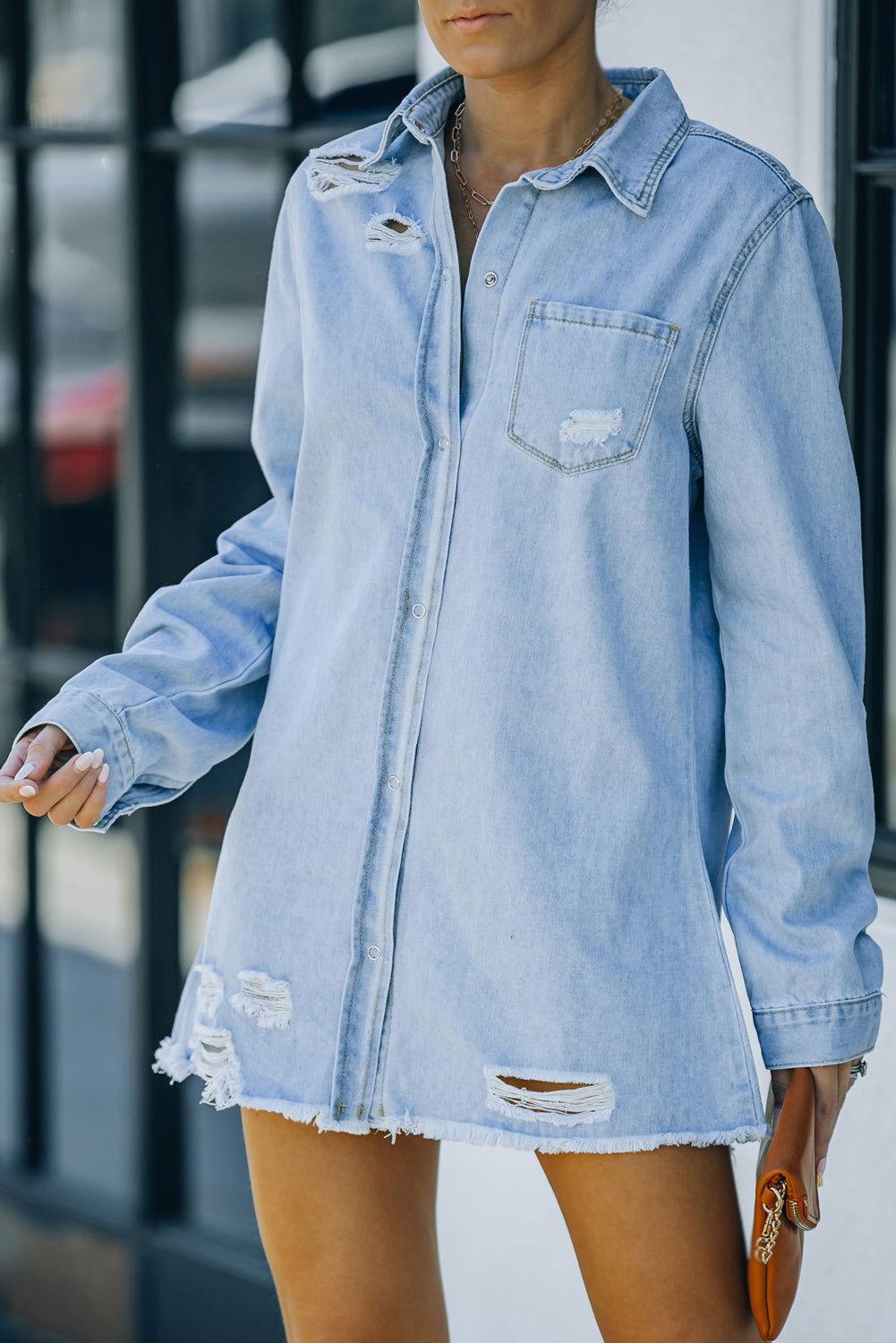 Distressed Snap Down Denim Jacket - Clothes For Her Online Store