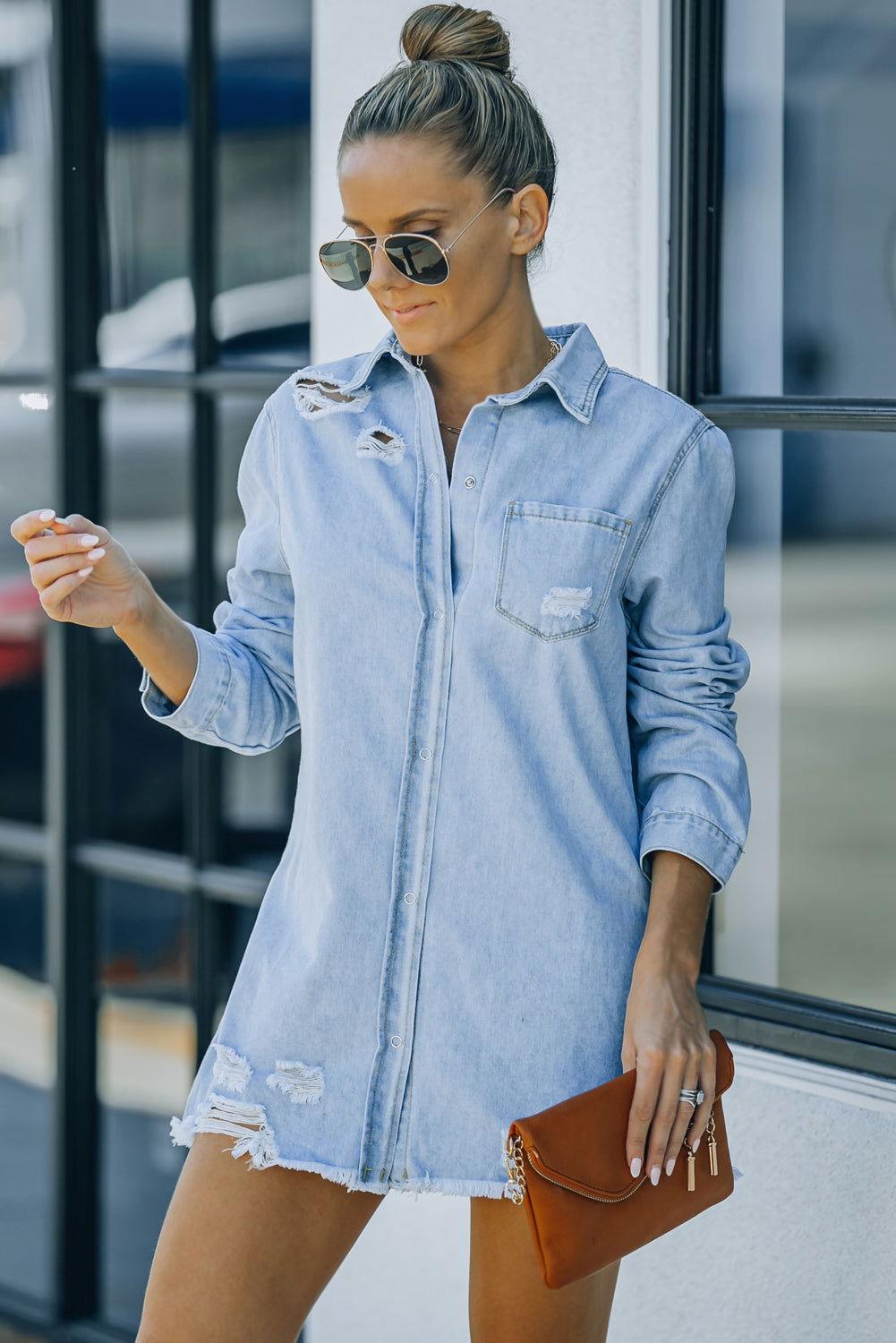 Distressed Snap Down Denim Jacket - Clothes For Her Online Store