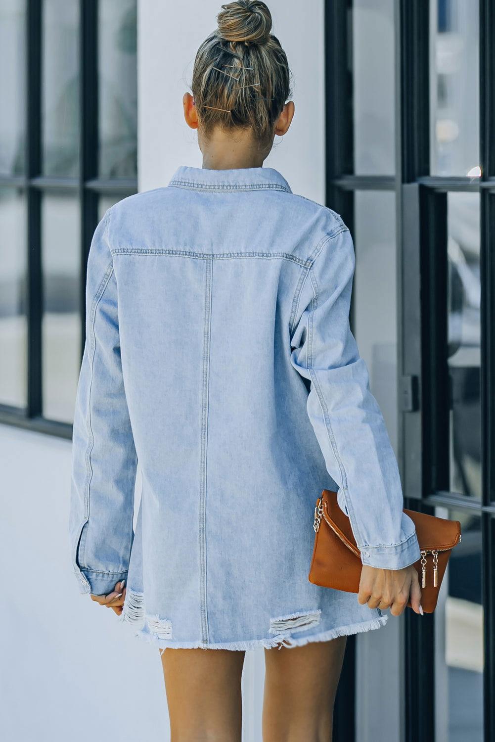 Distressed Snap Down Denim Jacket - Clothes For Her Online Store