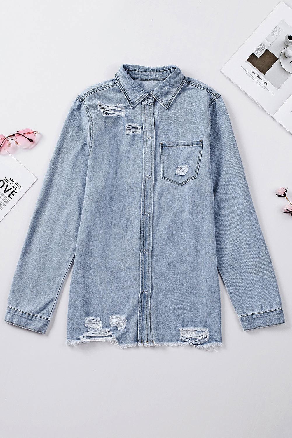 Distressed Snap Down Denim Jacket - Clothes For Her Online Store