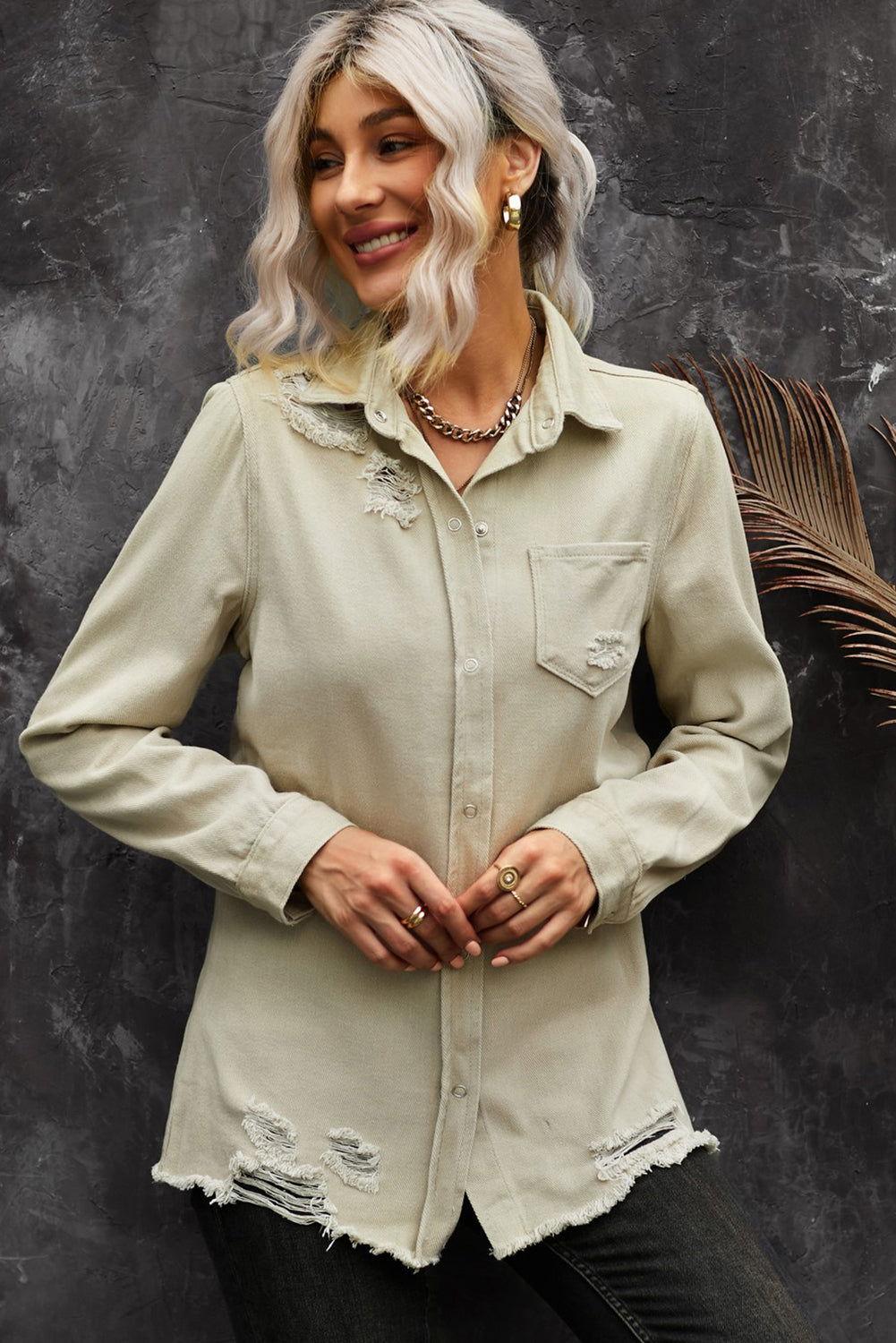 Distressed Snap Down Denim Jacket - Clothes For Her Online Store