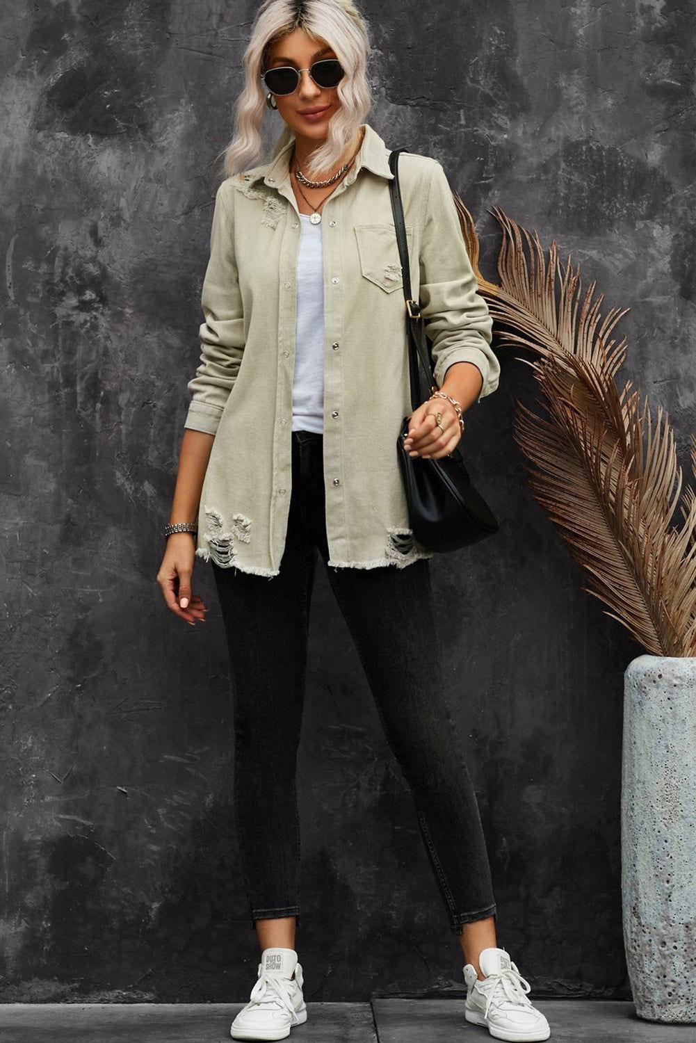 Distressed Snap Down Denim Jacket - Clothes For Her Online Store