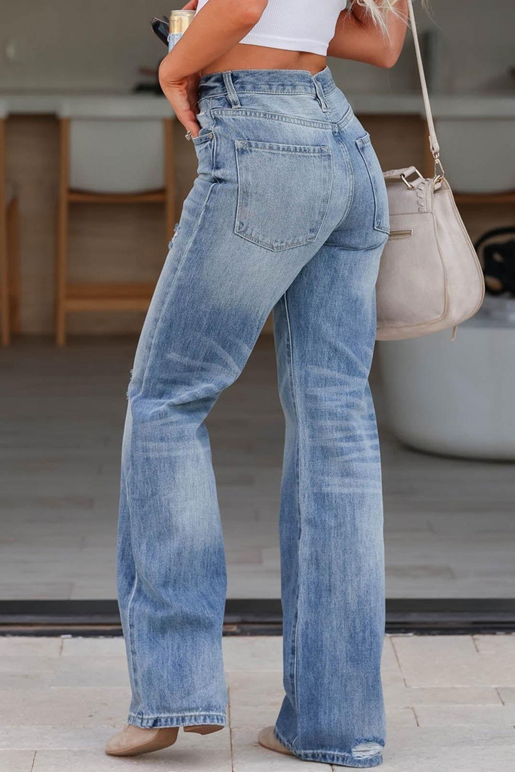 Distressed Straight Jeans with Pockets - Clothes For Her Online Store