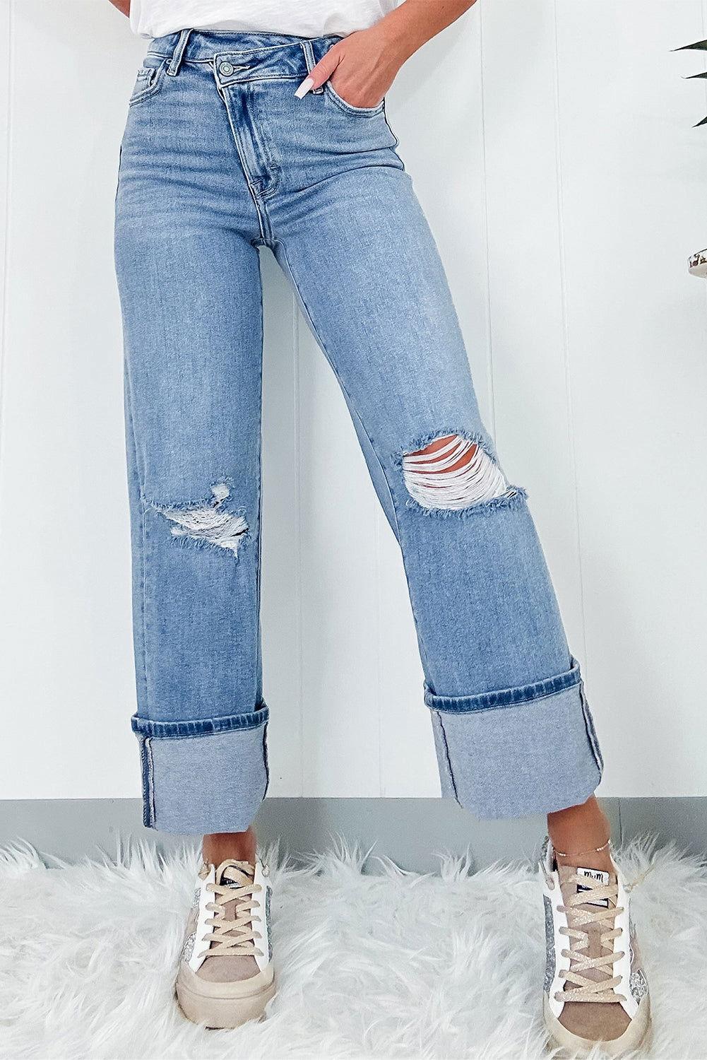 Distressed Straight Jeans with Pockets - Clothes For Her Online Store