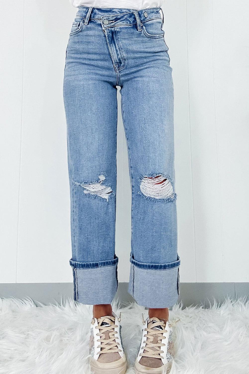 Distressed Straight Jeans with Pockets - Clothes For Her Online Store