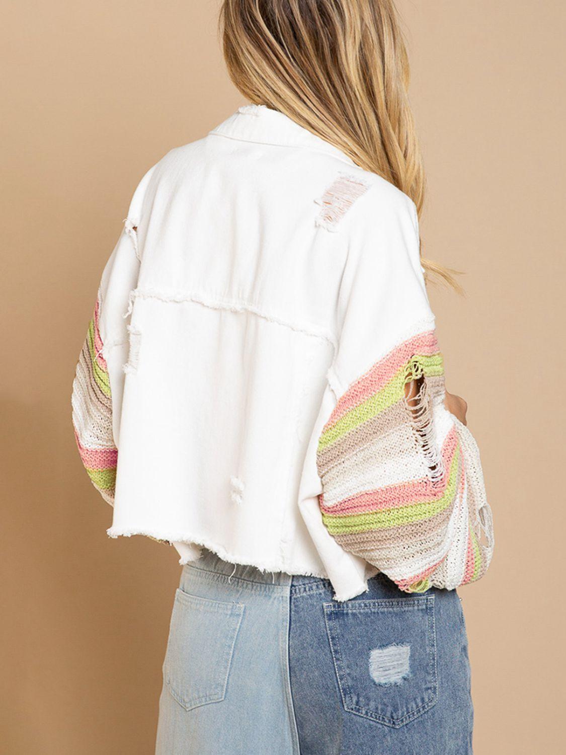 Distressed Striped Long Sleeve Denim Jacket - Clothes For Her Online Store