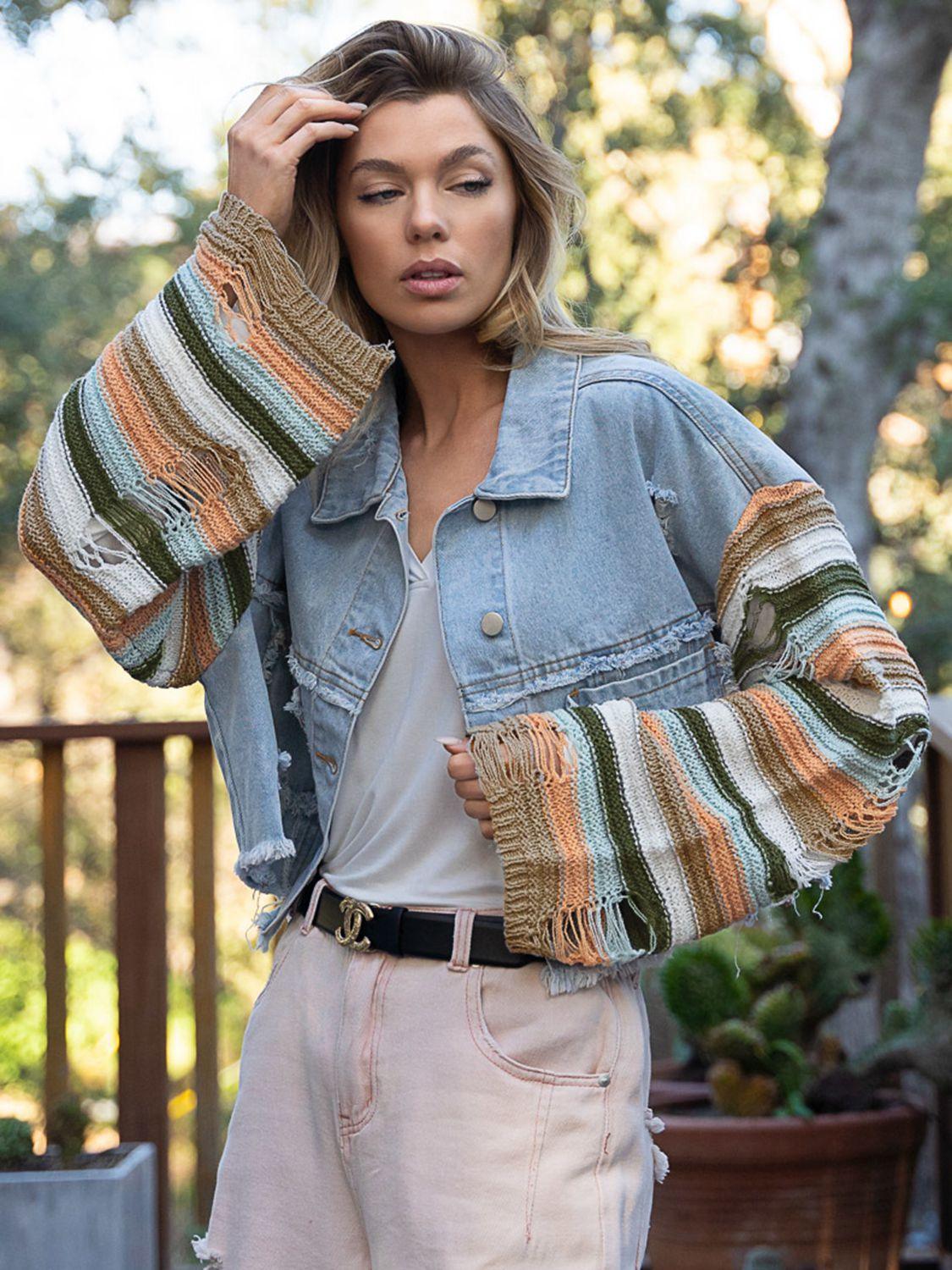 Distressed Striped Long Sleeve Denim Jacket - Clothes For Her Online Store