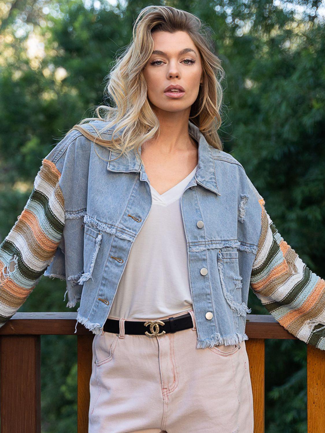 Distressed Striped Long Sleeve Denim Jacket - Clothes For Her Online Store