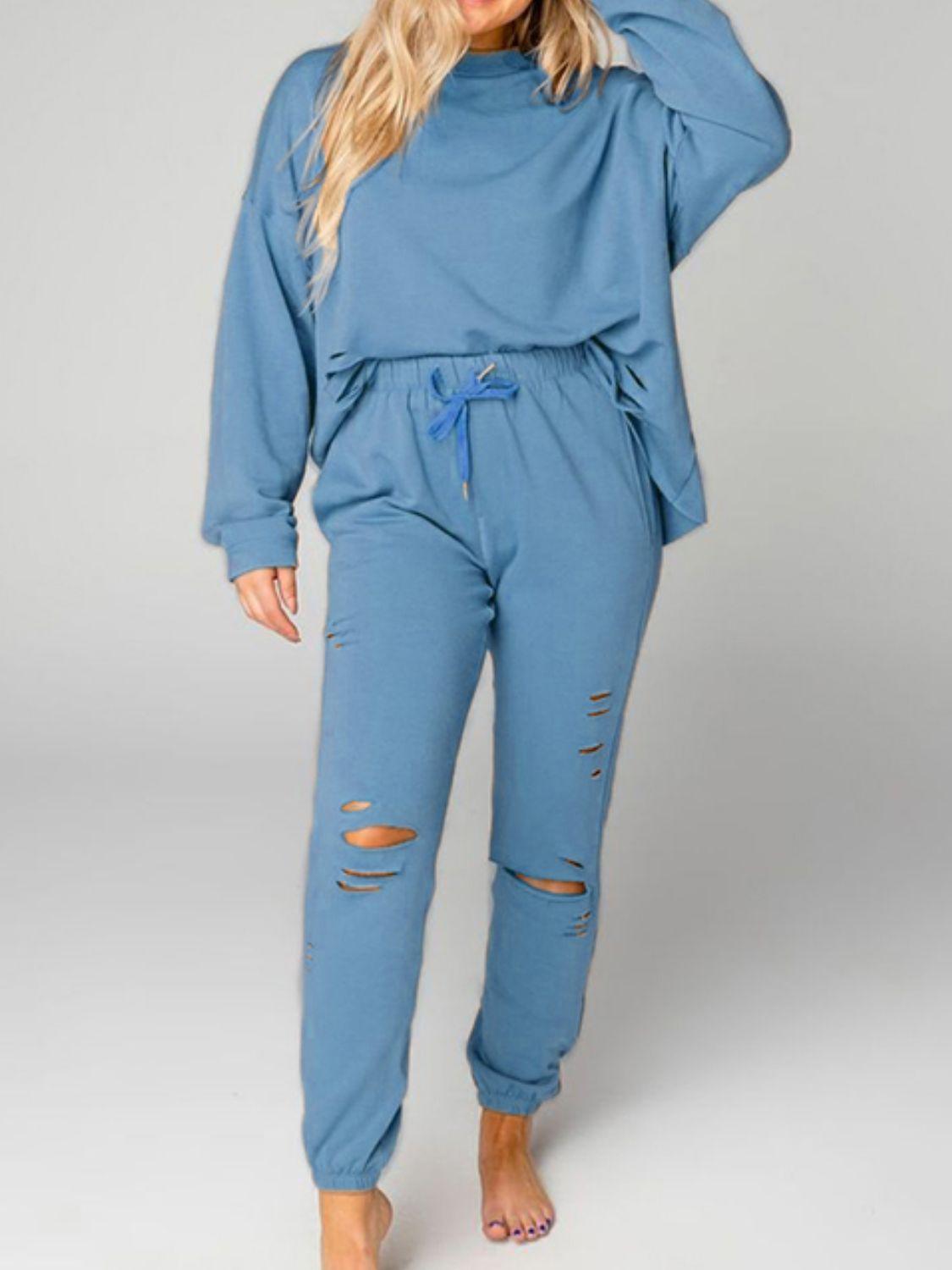 Distressed Sweatshirt and Joggers Set - Clothes For Her Online Store