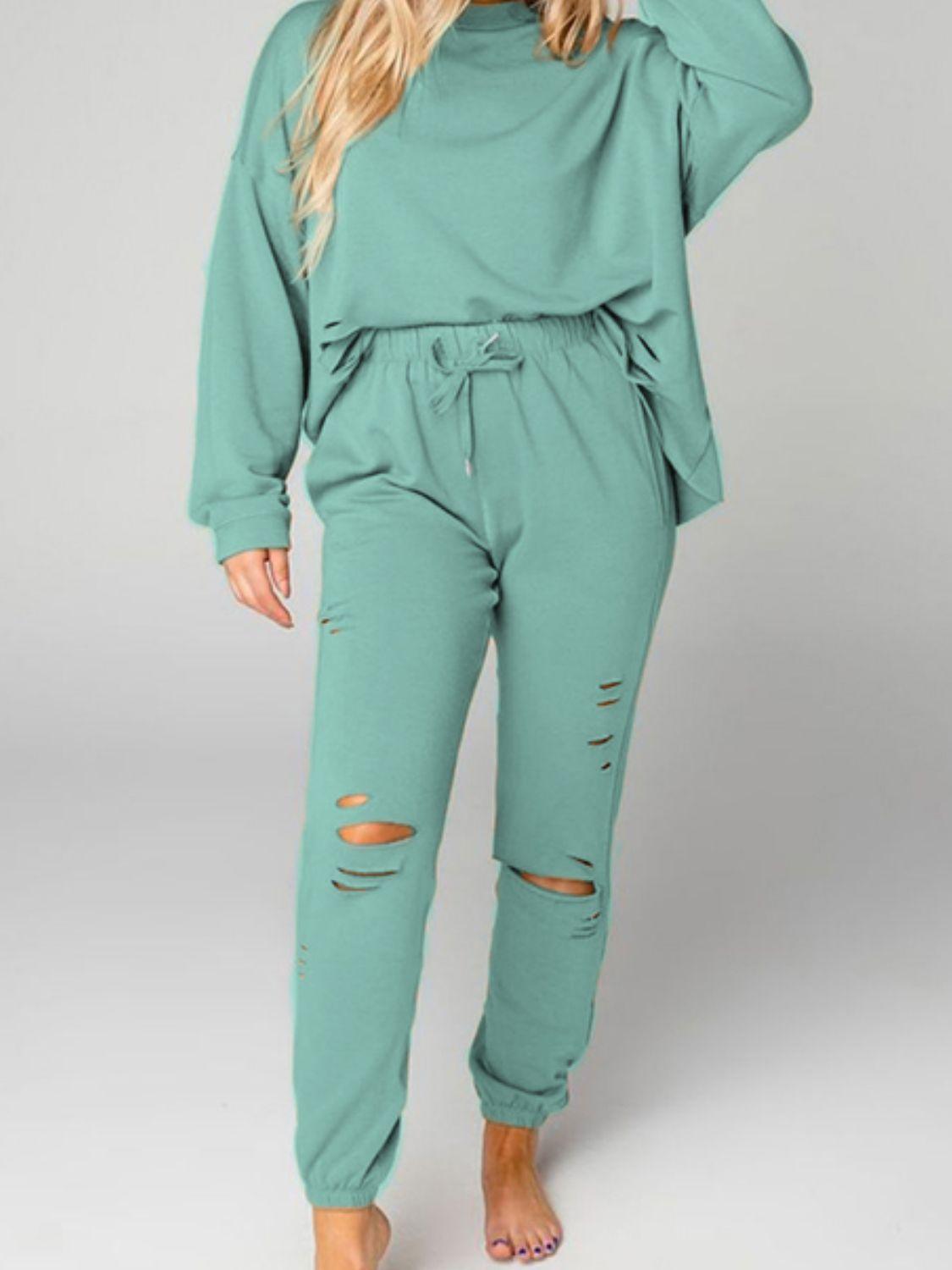 Distressed Sweatshirt and Joggers Set - Clothes For Her Online Store