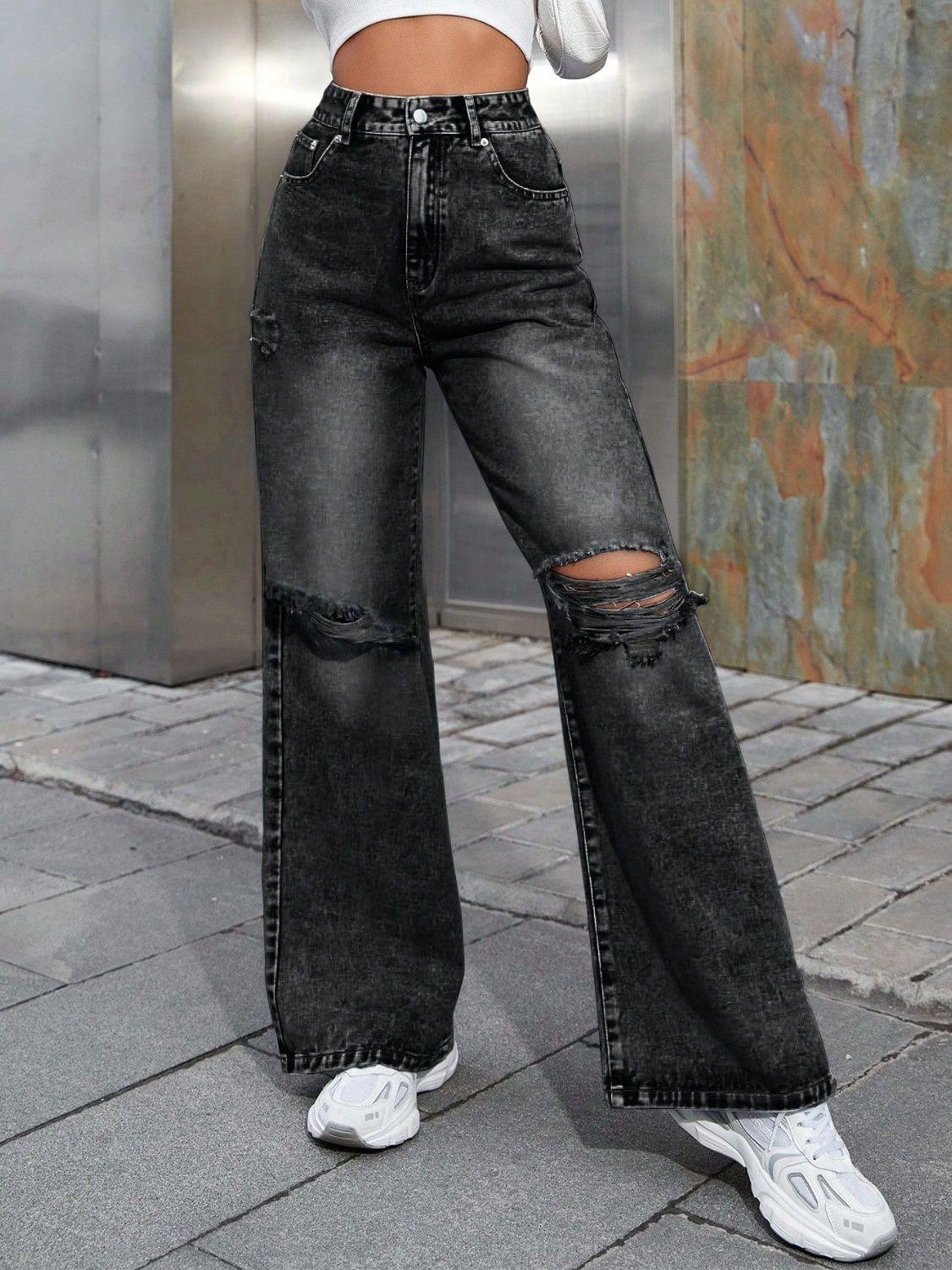 Distressed Wide Leg Jeans with Pockets - Clothes For Her Online Store