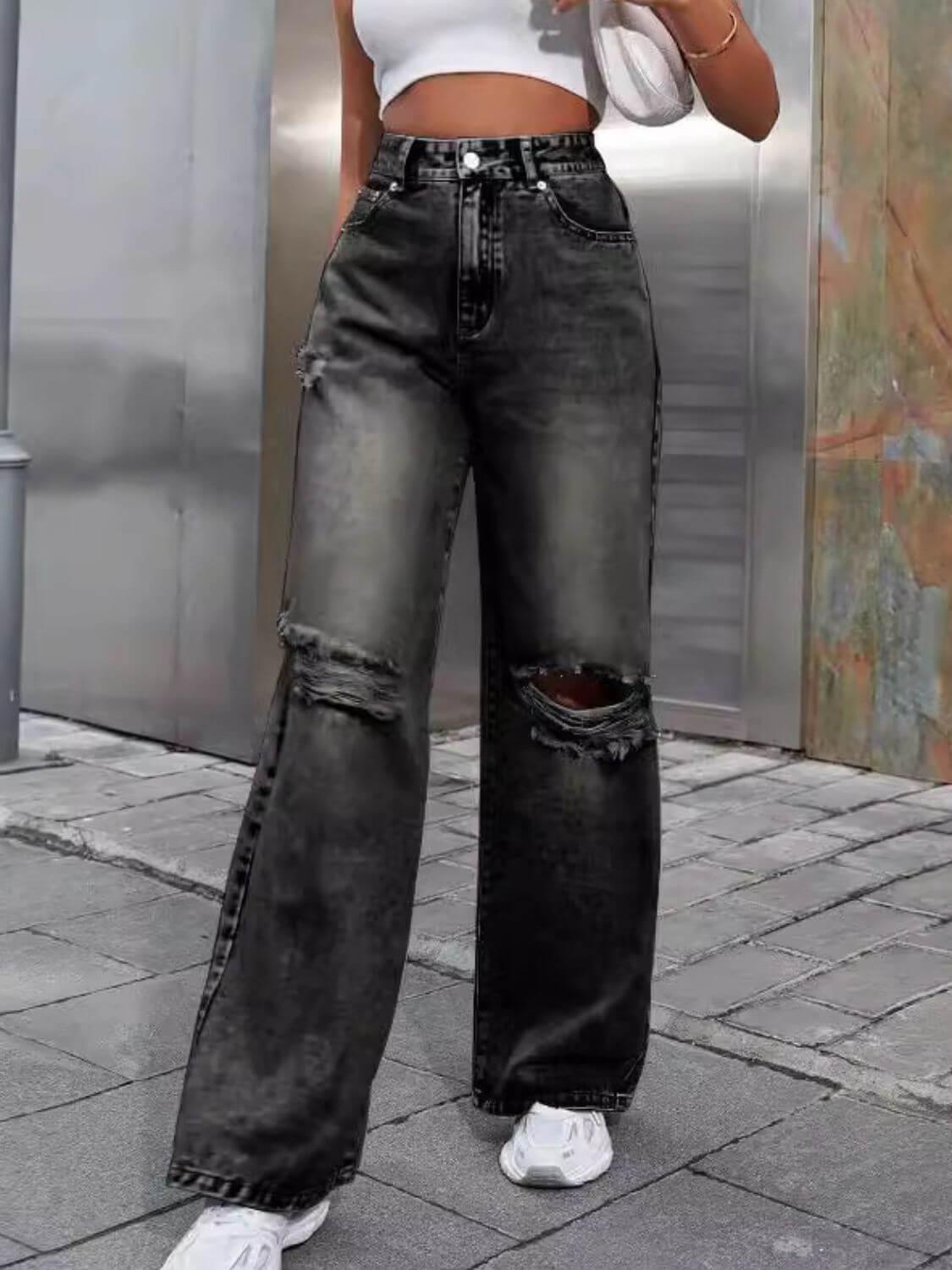 Distressed Wide Leg Jeans with Pockets - Clothes For Her Online Store