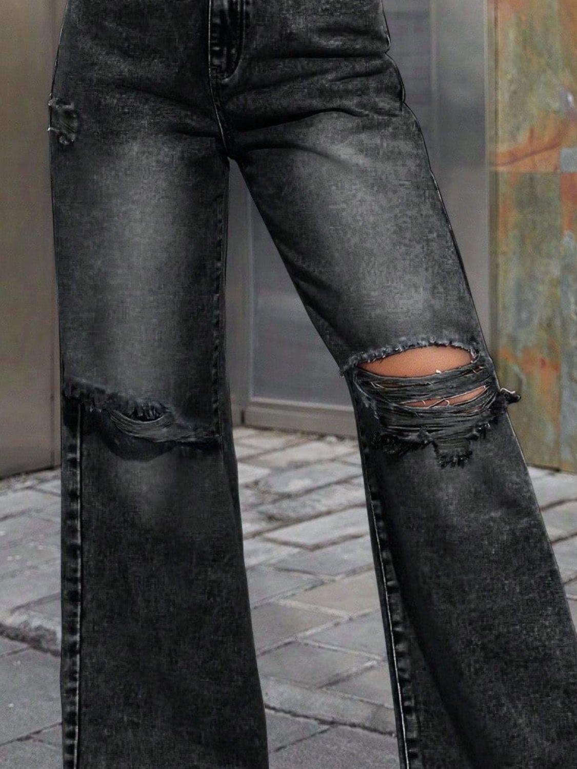 Distressed Wide Leg Jeans with Pockets - Clothes For Her Online Store