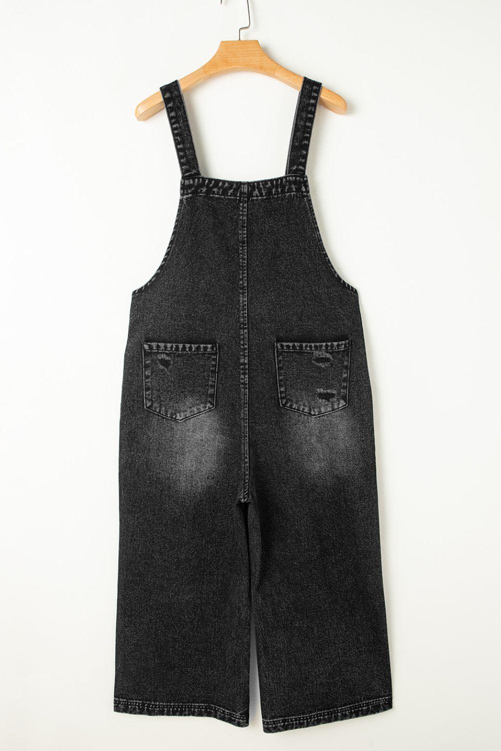 Distressed Wide Strap Denim Overalls - Clothes For Her Online Store