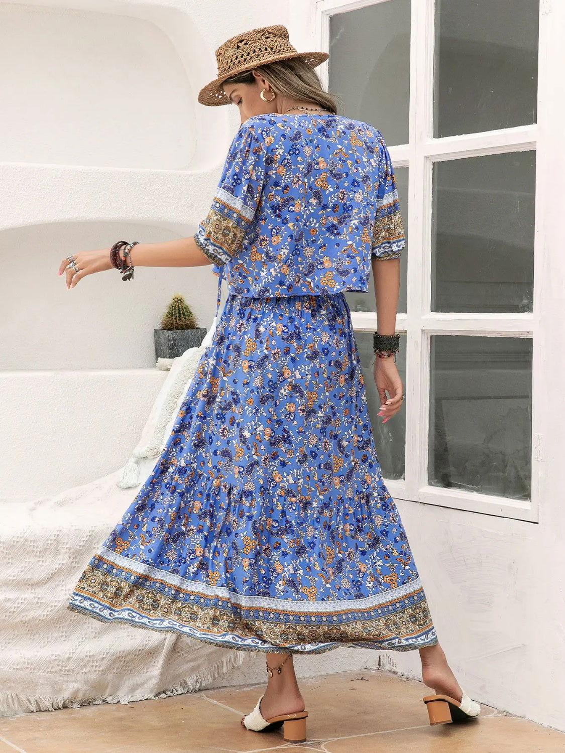Ditsy Floral Tie Neck Top and Slit Skirt Set - Clothes For Her Online Store
