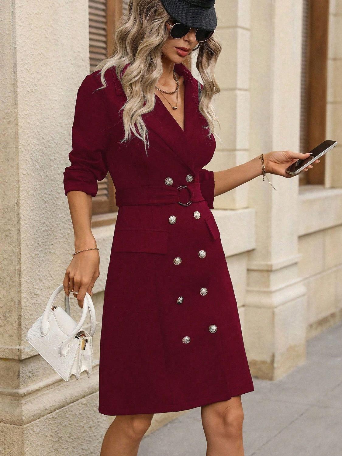 Double-Breasted Lapel Collar Long Sleeve Dress - Clothes For Her Online Store
