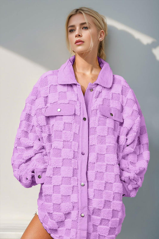 Double Take Button Up Fuzzy Checkered Shacket - Clothes For Her Online Store
