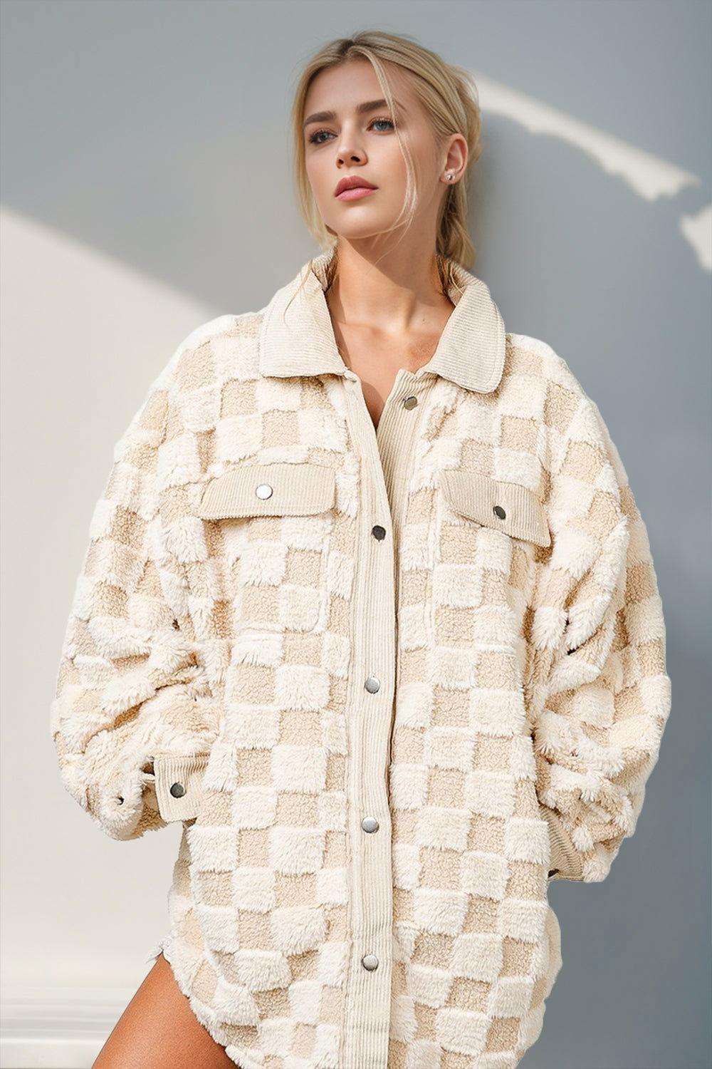 Double Take Button Up Fuzzy Checkered Shacket - Clothes For Her Online Store
