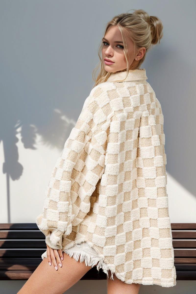 Double Take Button Up Fuzzy Checkered Shacket - Clothes For Her Online Store