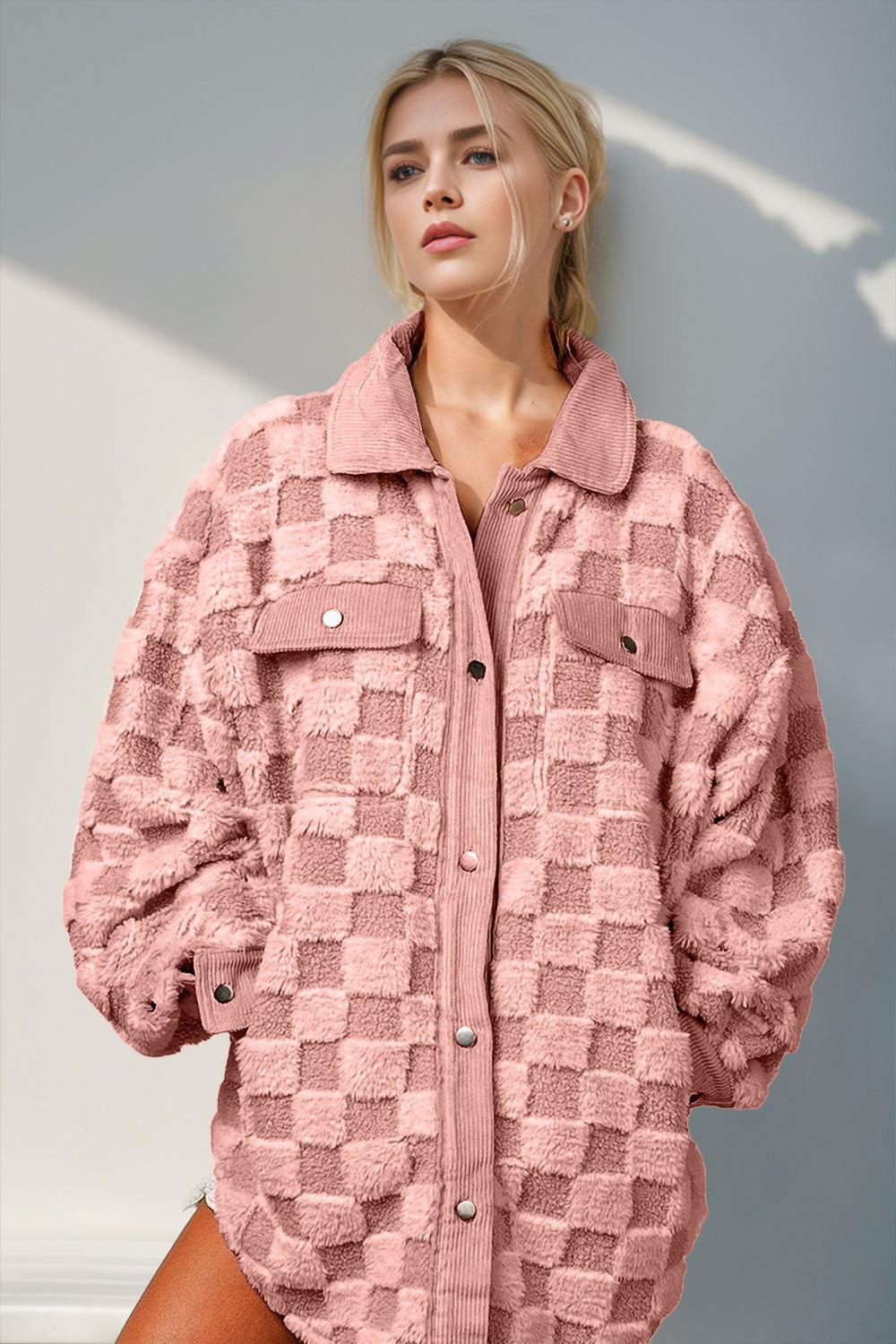 Double Take Button Up Fuzzy Checkered Shacket - Clothes For Her Online Store