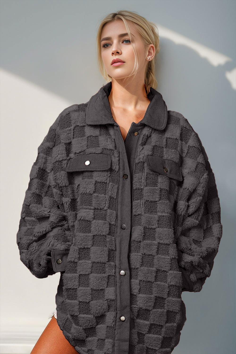 Double Take Button Up Fuzzy Checkered Shacket - Clothes For Her Online Store