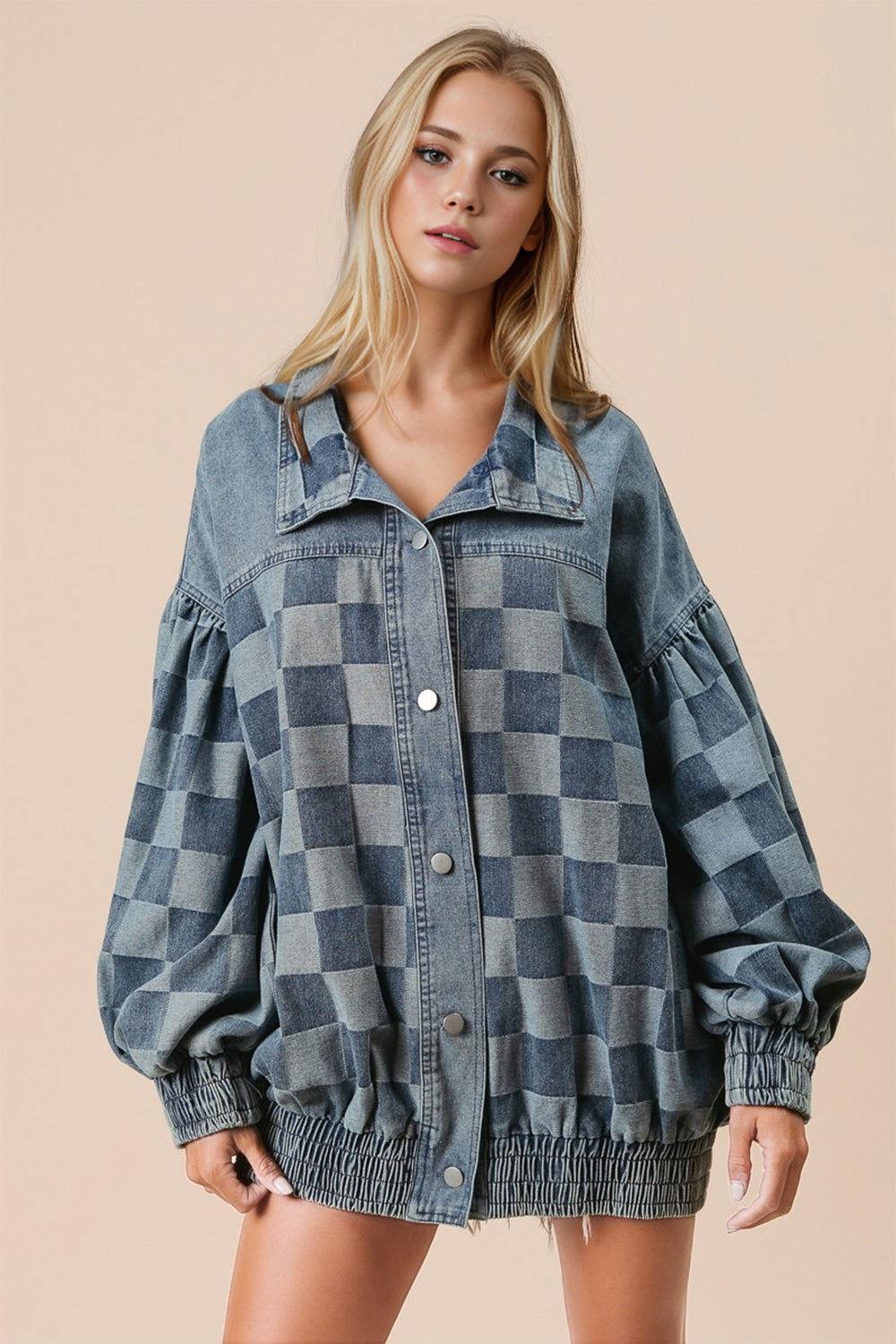 Double Take Checkered Button Up Denim Jacket - Clothes For Her Online Store