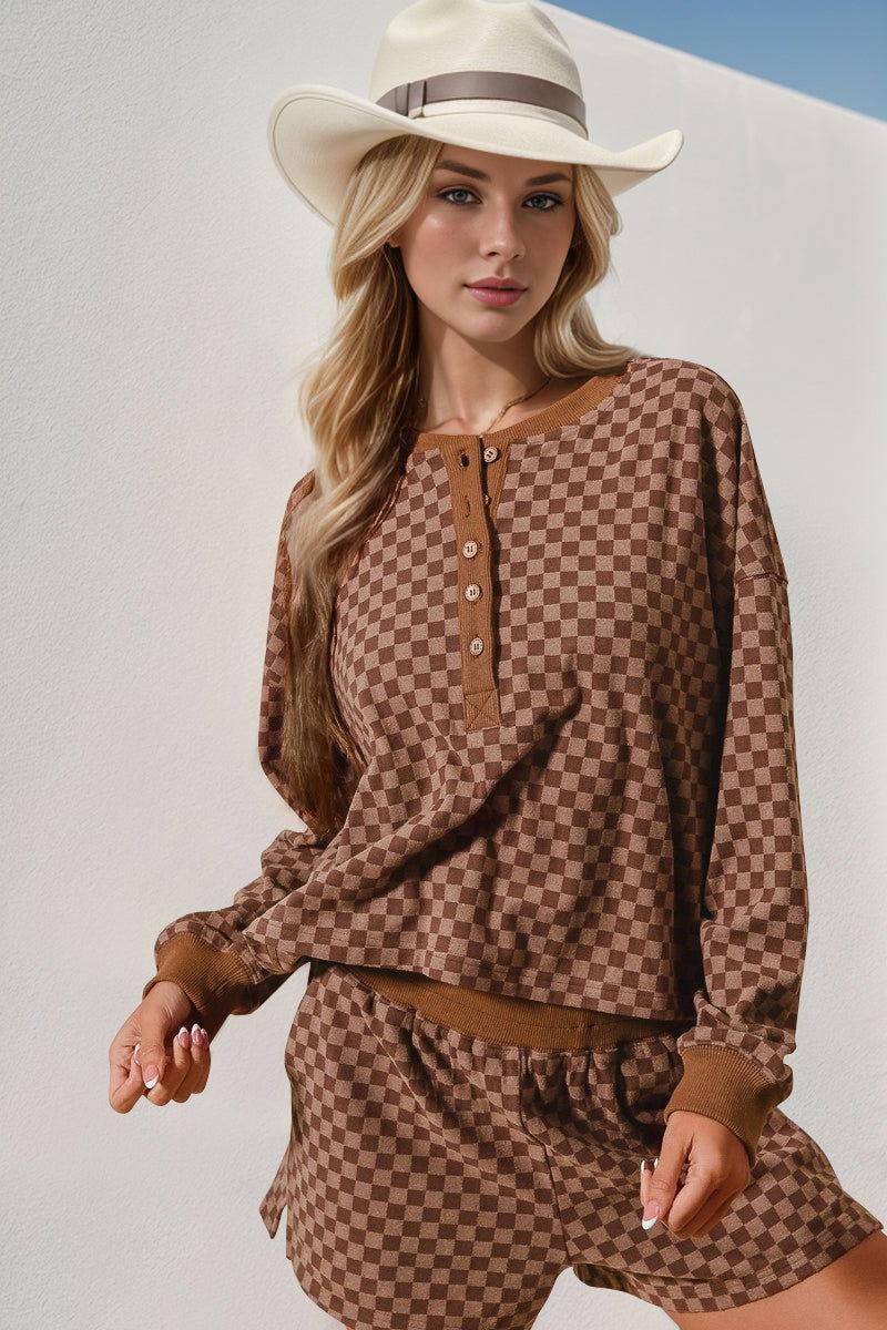 Double Take Checkered Half Button Top and Shorts Set - Clothes For Her Online Store