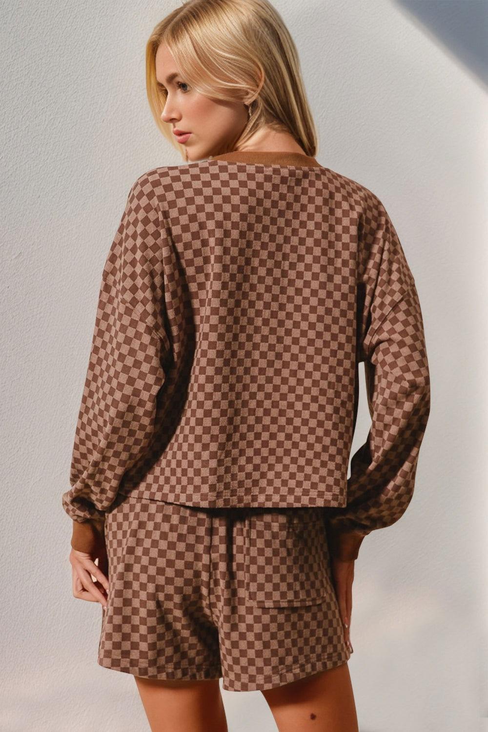 Double Take Checkered Half Button Top and Shorts Set - Clothes For Her Online Store