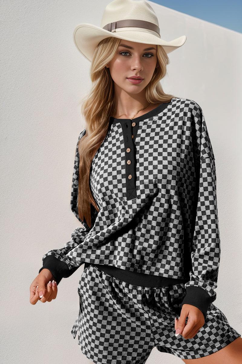 Double Take Checkered Half Button Top and Shorts Set - Clothes For Her Online Store