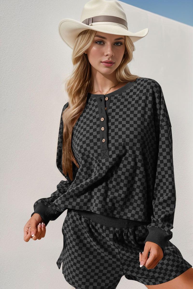 Double Take Checkered Half Button Top and Shorts Set - Clothes For Her Online Store