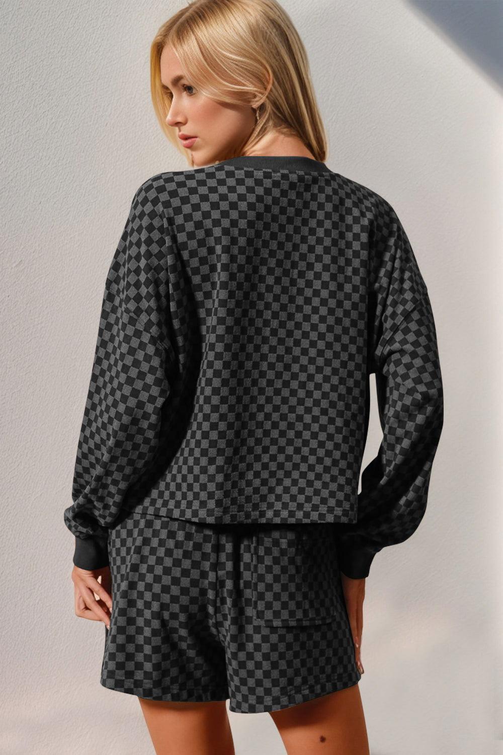 Double Take Checkered Half Button Top and Shorts Set - Clothes For Her Online Store