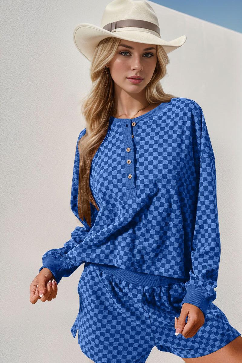 Double Take Checkered Half Button Top and Shorts Set - Clothes For Her Online Store
