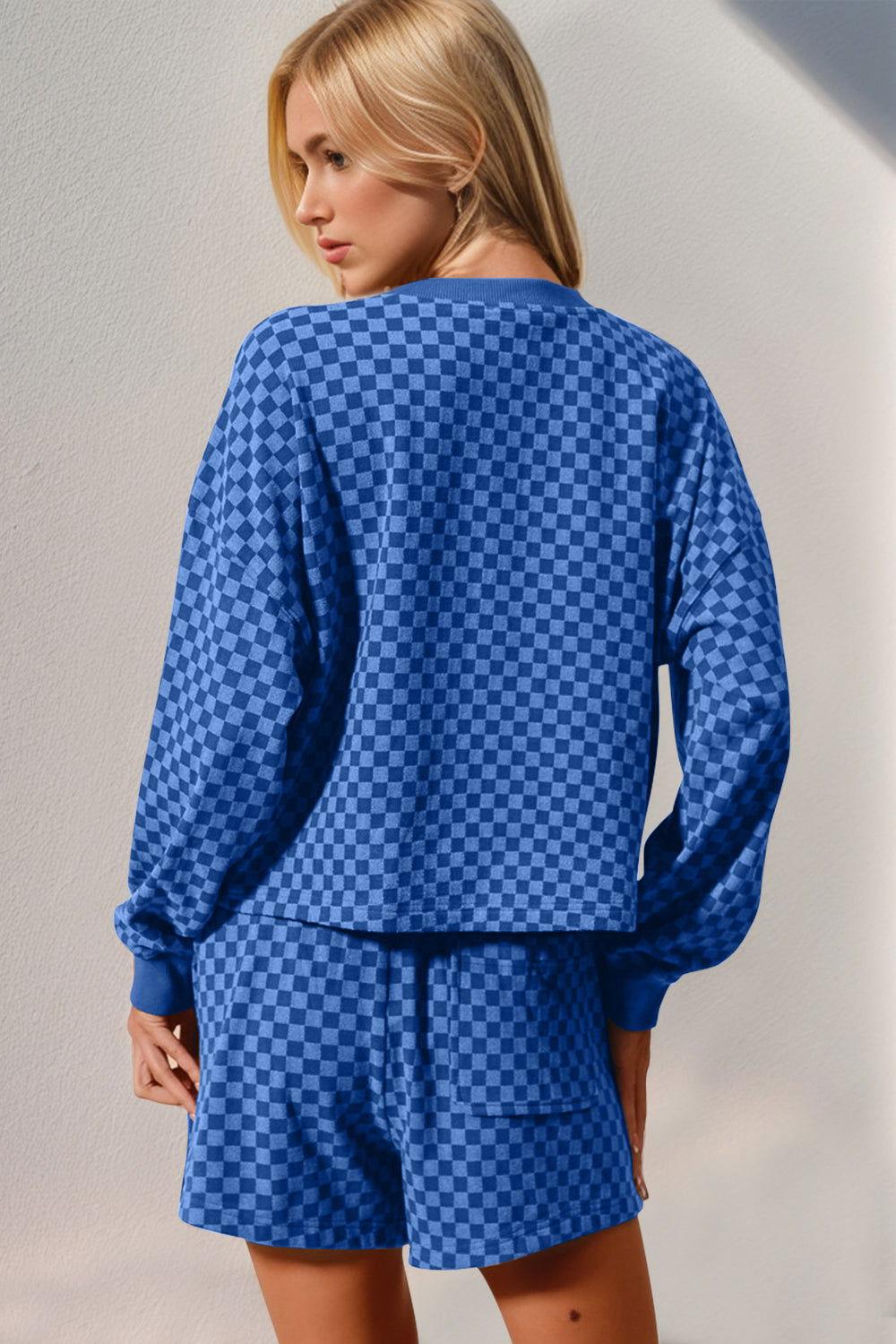 Double Take Checkered Half Button Top and Shorts Set - Clothes For Her Online Store